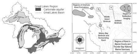A nested map showing (1) carbonate aquifers in the Great Lakes basin, and (2) sinkholes in Alpena County, MI, and Thunder Bay National Marine Sanctuary.